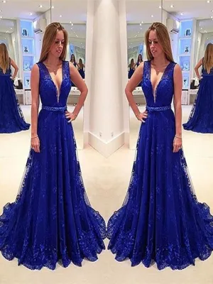Royal Blue V Neck Lace Prom Dress with Sweep Train, Blue Lace Formal Dress