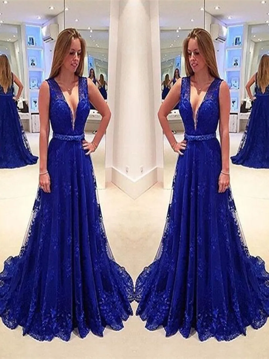 Royal Blue V Neck Lace Prom Dress with Sweep Train, Blue Lace Formal Dress