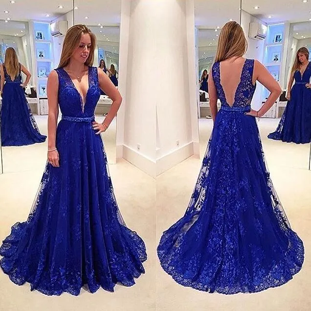 Royal Blue V Neck Lace Prom Dress with Sweep Train, Blue Lace Formal Dress
