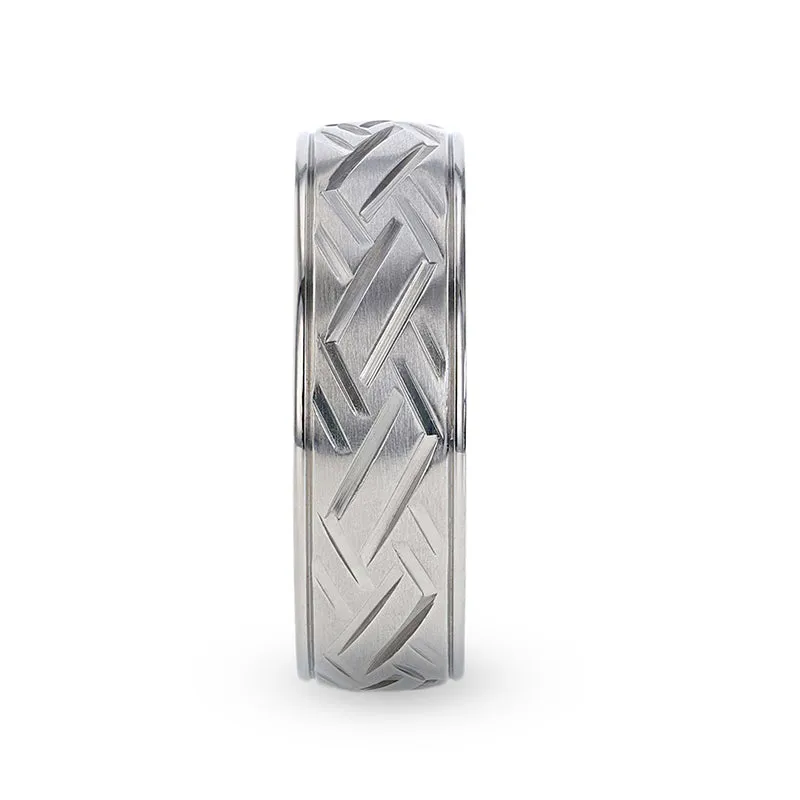 SATURN Woven Pattern Domed Titanium Men's Wedding Ring With Yellow Gold Braided Edges