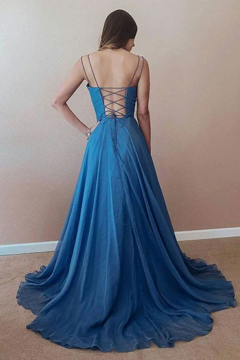 Simple Royal Blue Sleeveless Chiffon Long Lace Up Prom Dress Backless Evening Dress OHC376