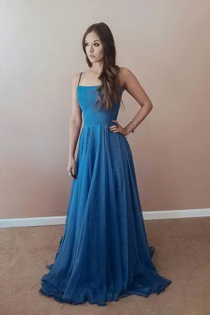 Simple Royal Blue Sleeveless Chiffon Long Lace Up Prom Dress Backless Evening Dress OHC376