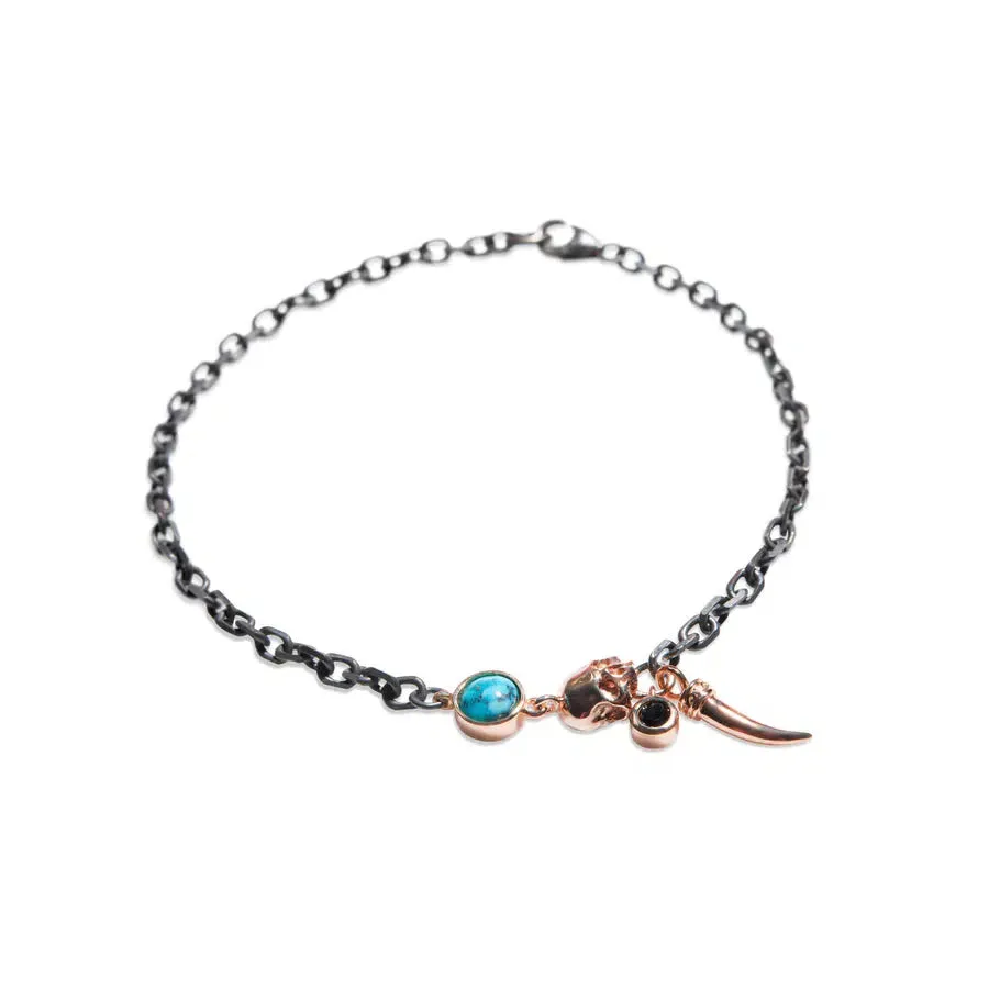 Skull Bracelet with Black Diamond, Turquoise, 14ct (Yellow or Rose) Gold