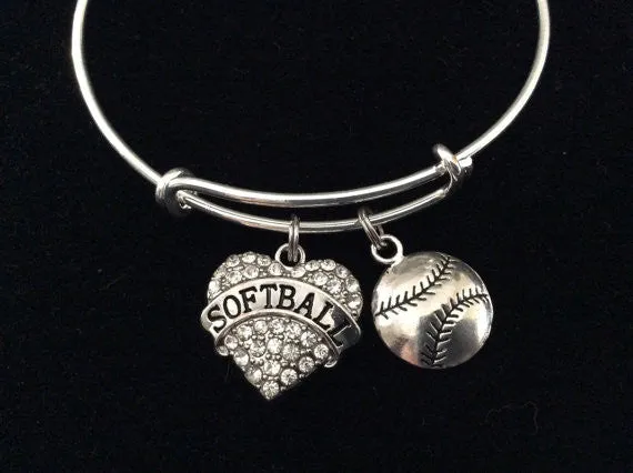 Softball Crystal Heart Charm on a Silver Expandable Bangle Bracelet Sports Team Coach Gift Adjustable