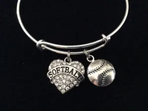 Softball Crystal Heart Charm on a Silver Expandable Bangle Bracelet Sports Team Coach Gift Adjustable