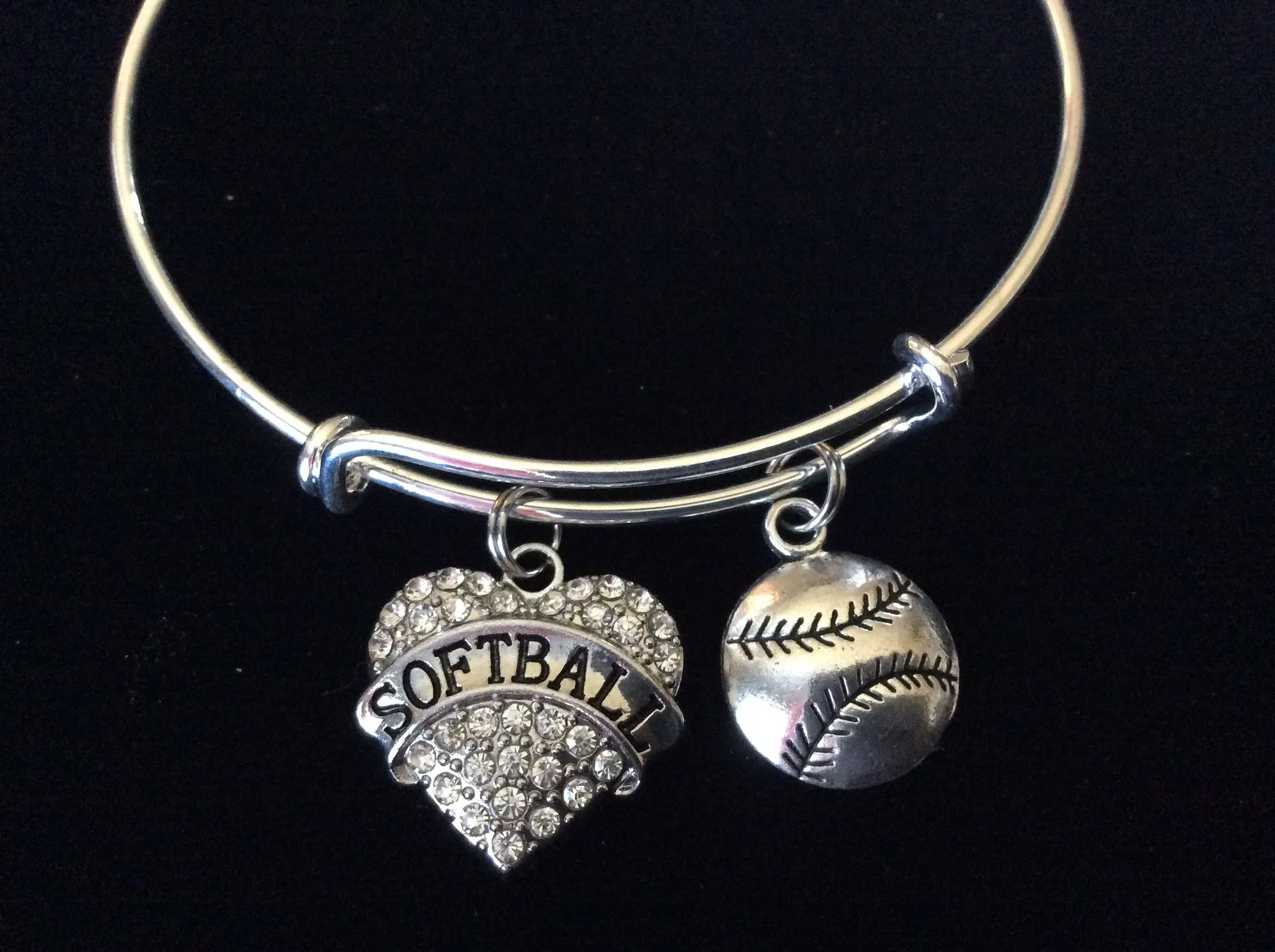 Softball Crystal Heart Charm on a Silver Expandable Bangle Bracelet Sports Team Coach Gift Adjustable
