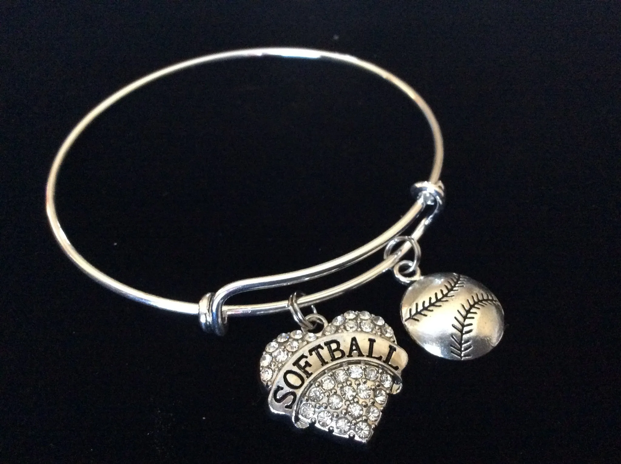 Softball Crystal Heart Charm on a Silver Expandable Bangle Bracelet Sports Team Coach Gift Adjustable