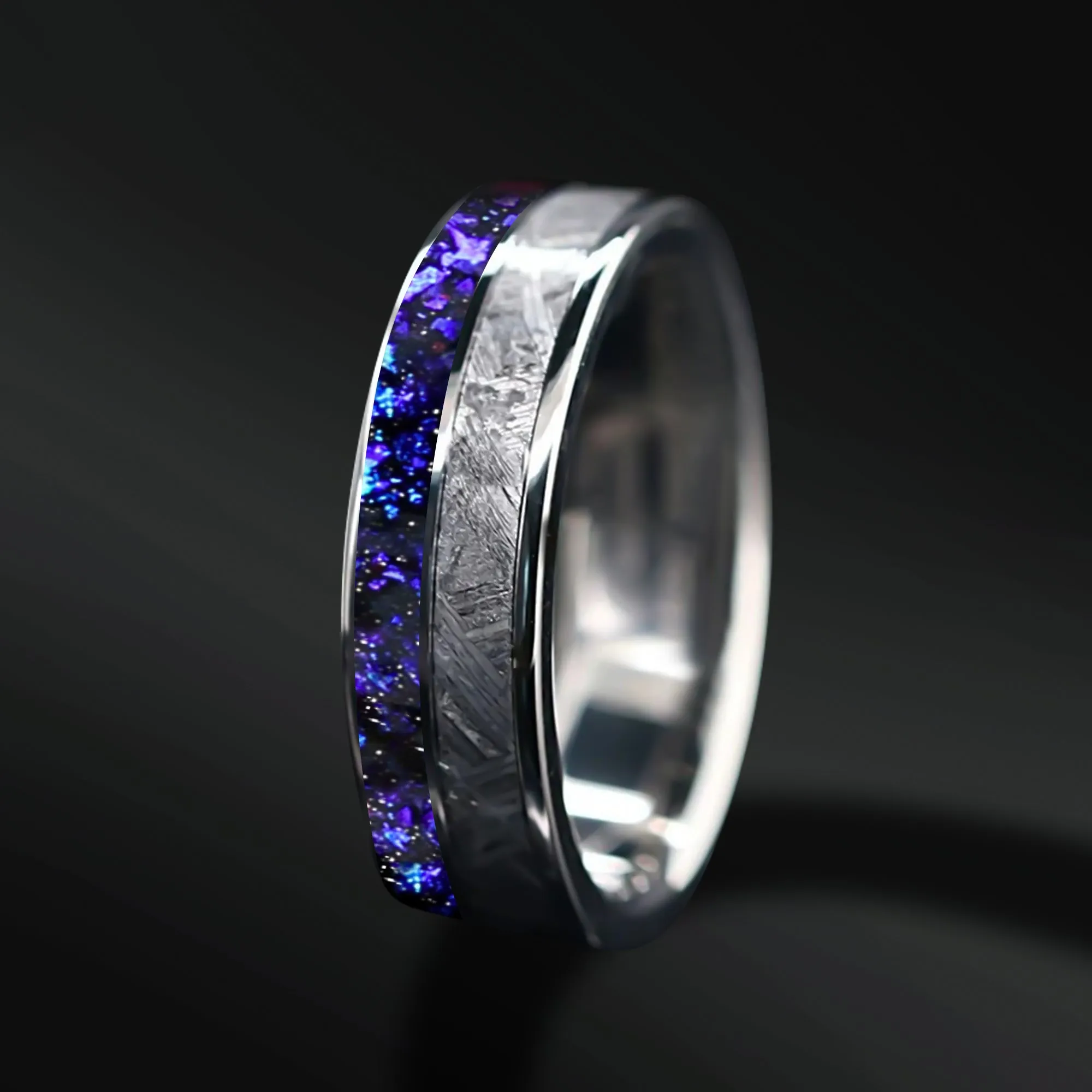 Soulmate Spark Set – 3PCS His & Her Wedding Ring Set | Natural Amethyst Engagement Ring With Natural Diamonds | Muonionalusta Meteorite and Purple Opal Wedding Bands