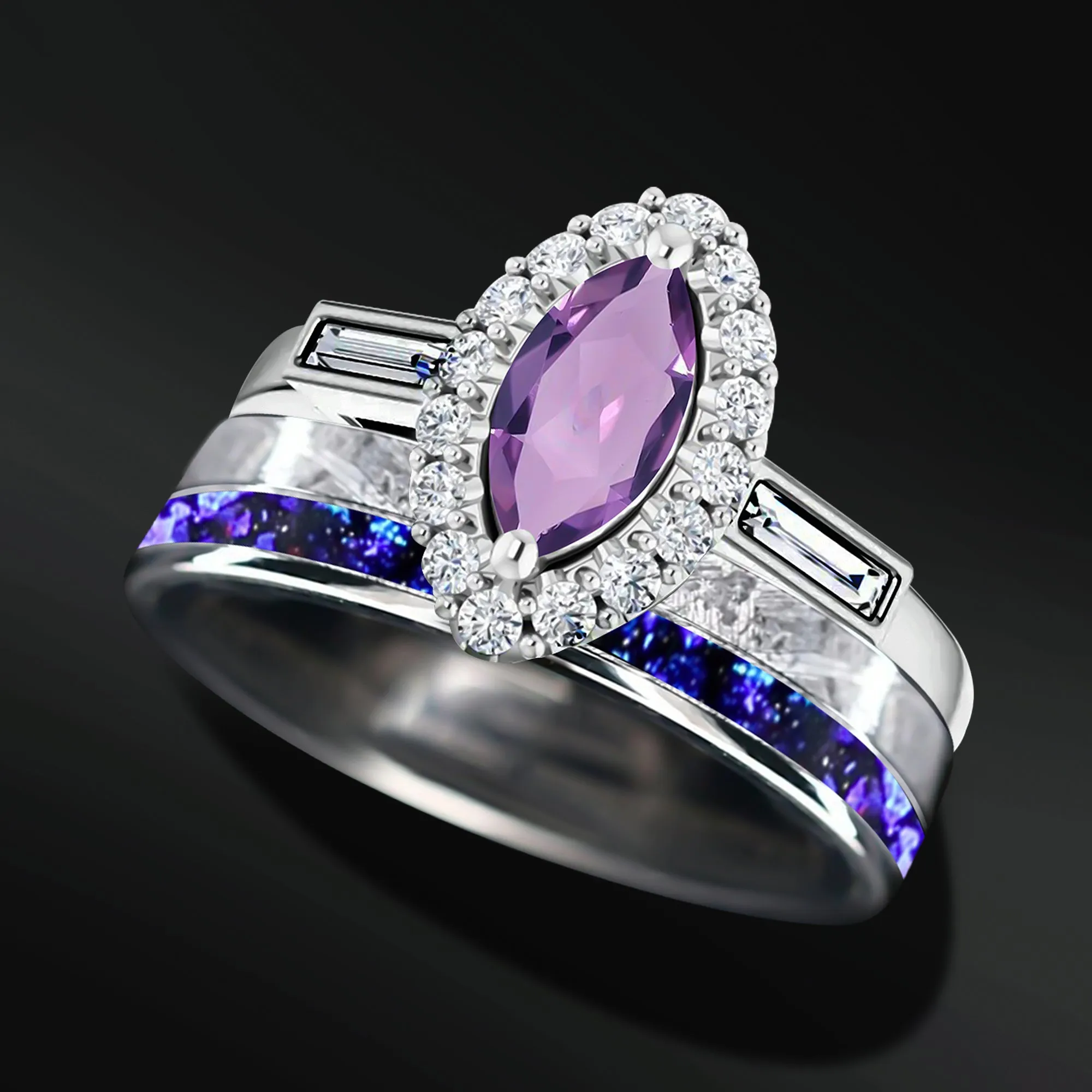 Soulmate Spark Set – 3PCS His & Her Wedding Ring Set | Natural Amethyst Engagement Ring With Natural Diamonds | Muonionalusta Meteorite and Purple Opal Wedding Bands