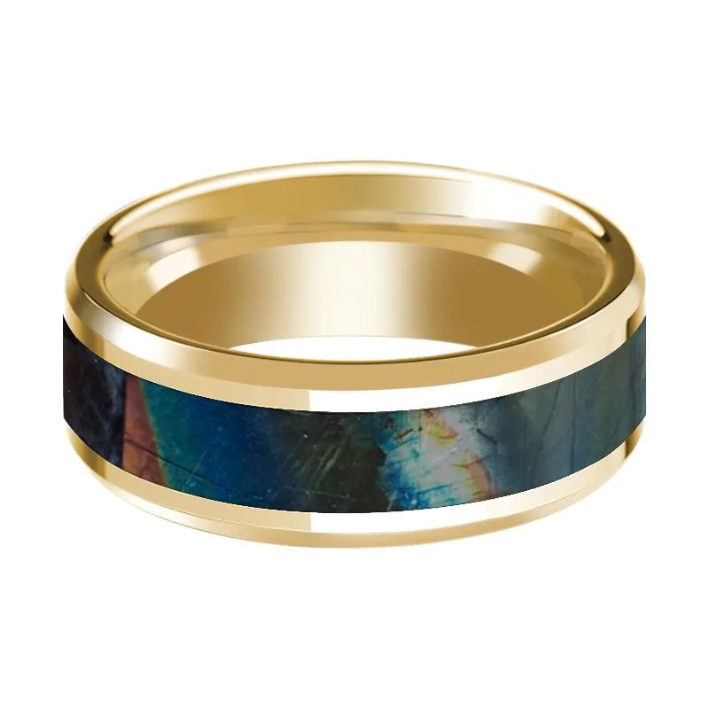 Spectrolite Inlaid Men's 14k Yellow Gold Polished Wedding Band with Beveled Edges - 8MM