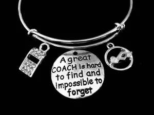 Swim Coach Jewelry Crystal Whistle Adjustable Bracelet Expandable Silver Charm Bangle Swimmer One Size Fits All Gift A Great Coach is Hard to Find and Impossible to Forget