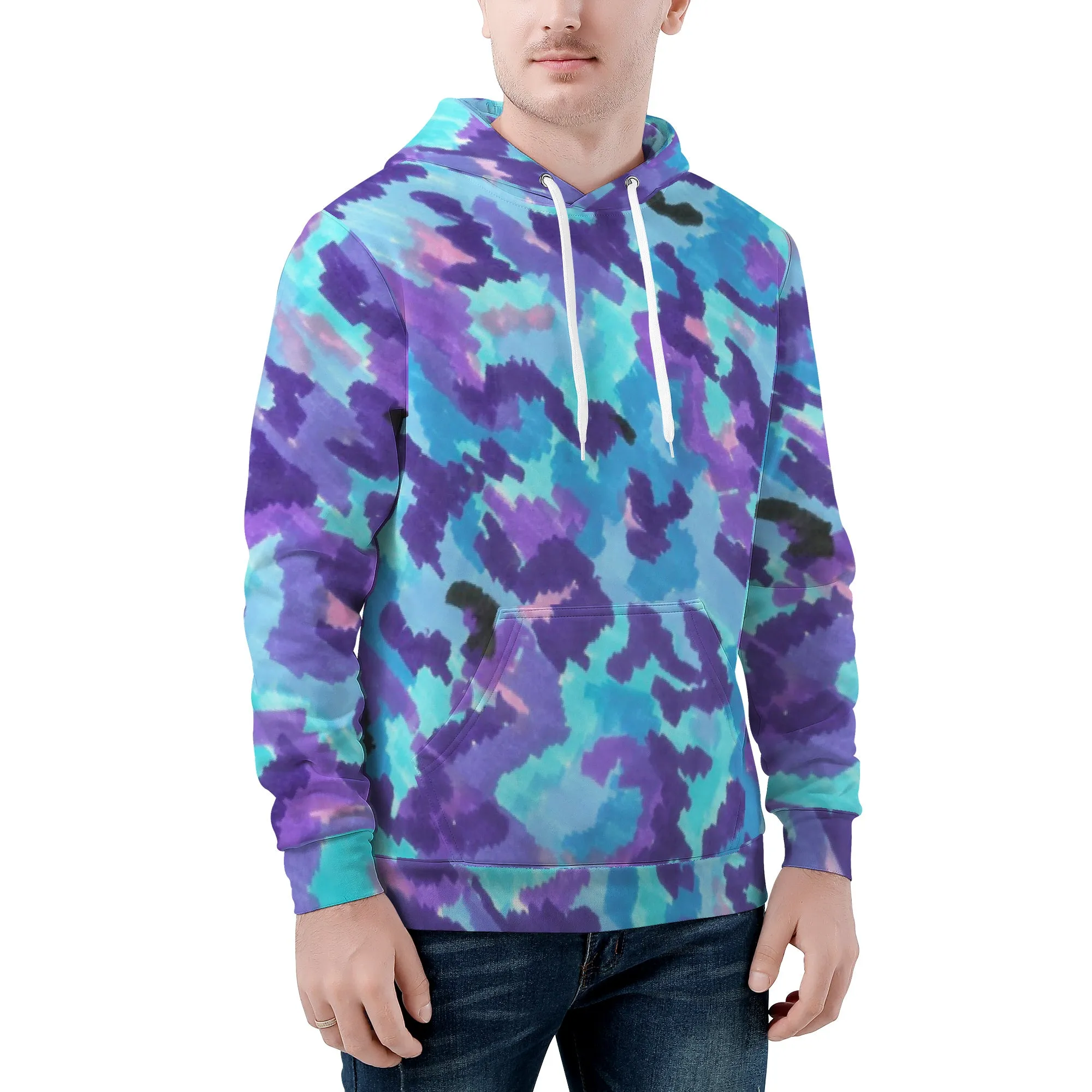 Teal Purple Leopard Camo All Over Print Men /Unisex Premium Hoodie