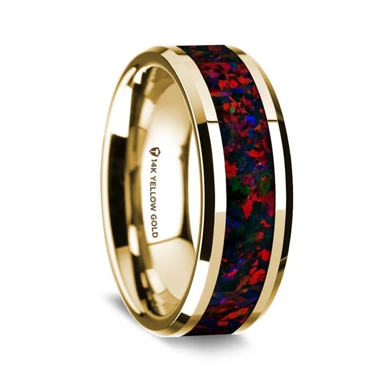 Thorsten 14K Yellow Gold Polished Beveled Edges Wedding Ring with Black and Red Opal Inlay - 8 mm