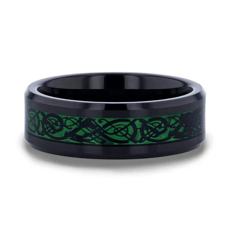 Thorsten ALLURE Black Dragon Design With Green Background Inlaid Black Tungsten Men's Ring With Clear Coating And Beveled Edge - 8mm