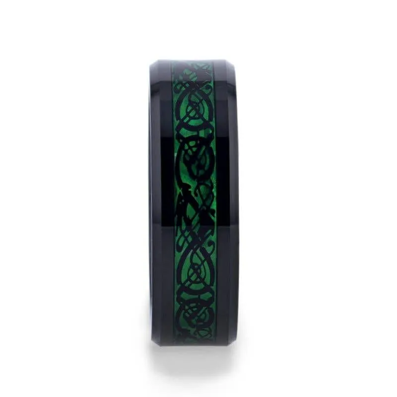 Thorsten ALLURE Black Dragon Design With Green Background Inlaid Black Tungsten Men's Ring With Clear Coating And Beveled Edge - 8mm