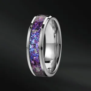 Twilight Spark - Men's Wedding Band | Stainless Steel | Muonionalusta Meteorite, Natural Amethyst and Opal Inlay