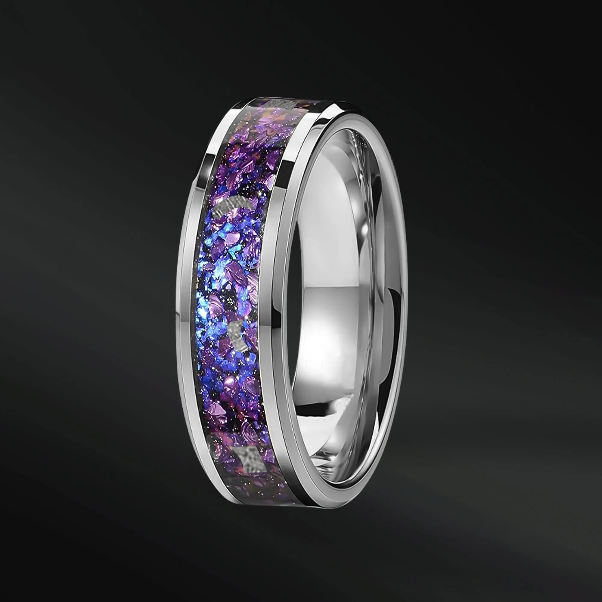 Twilight Spark - Men's Wedding Band | Stainless Steel | Muonionalusta Meteorite, Natural Amethyst and Opal Inlay