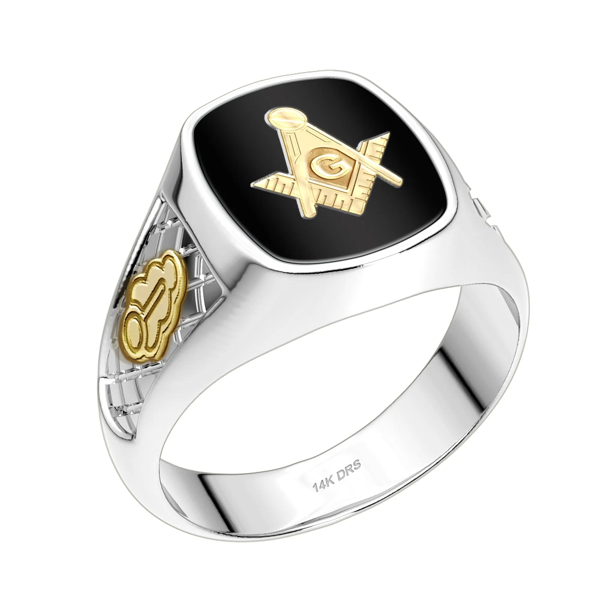 US Jewels Masonic Customizable Men's 925 Sterling Silver With 10k or 14k Yellow Gold Masonic Ring