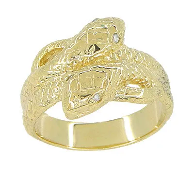 Vintage Inspired Men's Double Serpent Snake Ring with Diamond Eyes in 14 Karat Yellow Gold