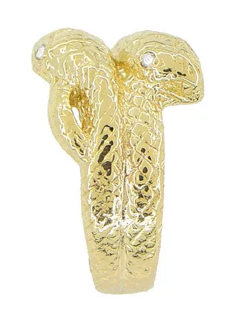 Vintage Inspired Men's Double Serpent Snake Ring with Diamond Eyes in 14 Karat Yellow Gold