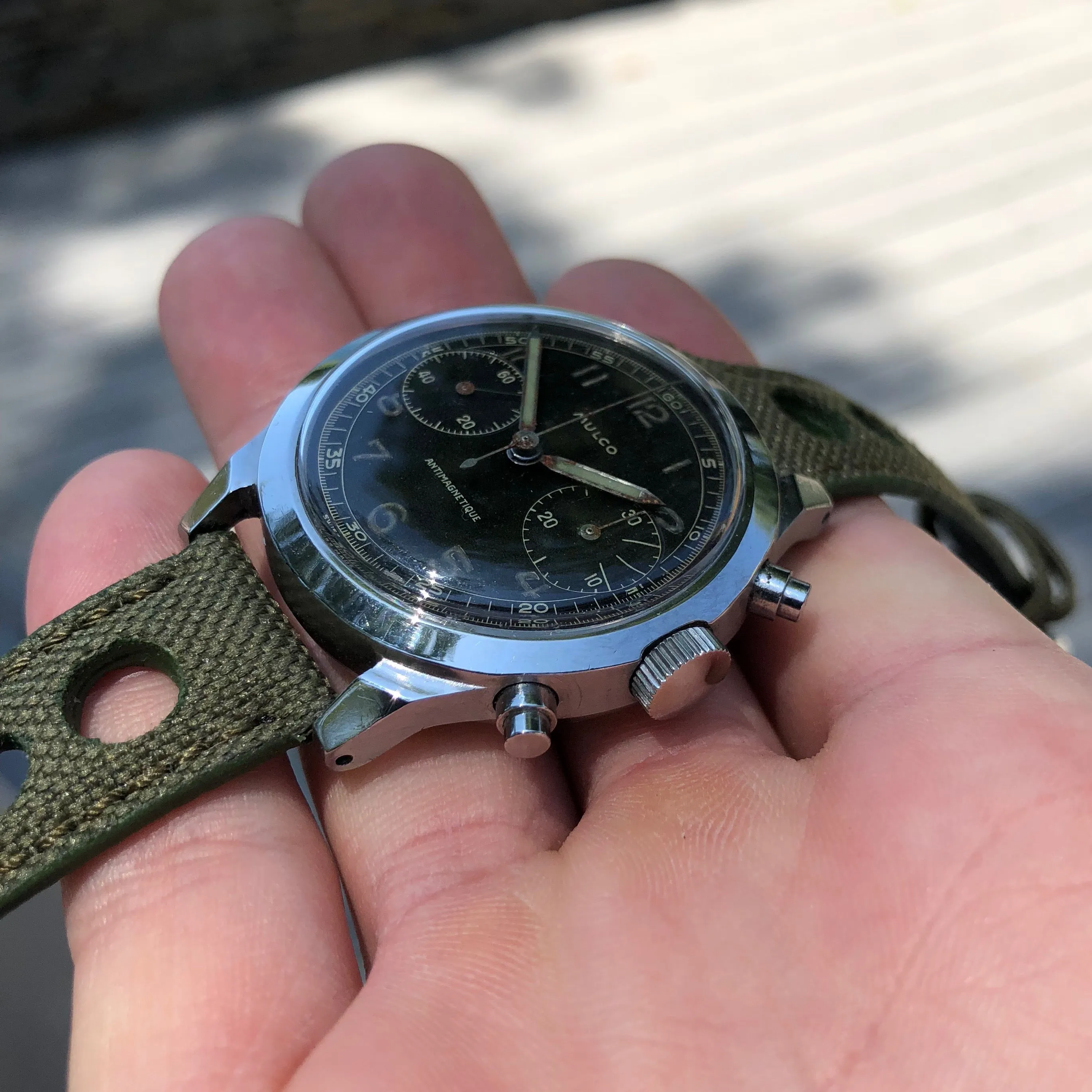 Vintage Mulco Spillman Chronograph Steel Gilt Valjoux 22 Wristwatch