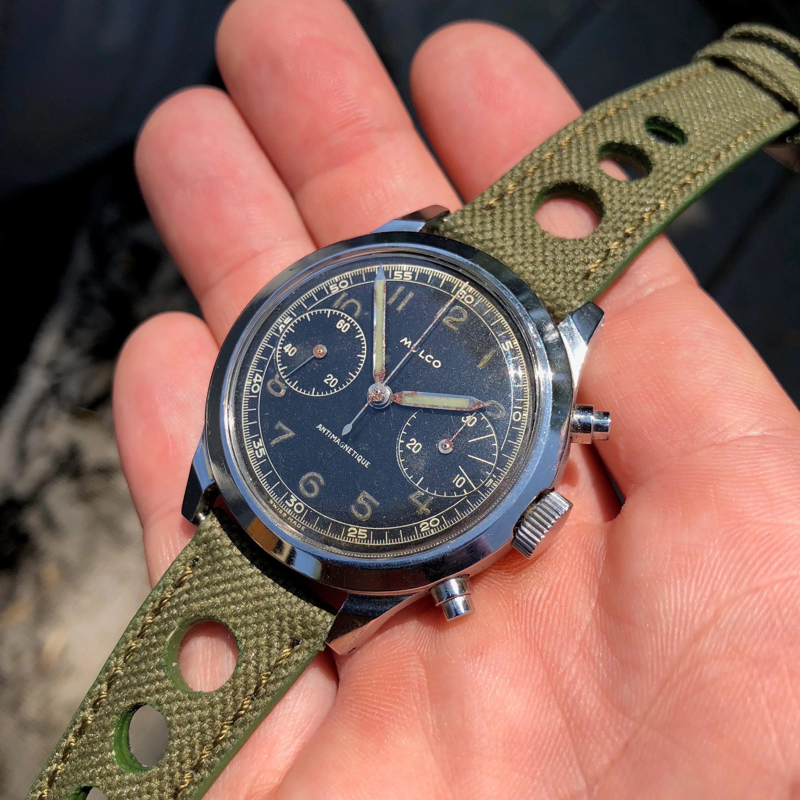 Vintage Mulco Spillman Chronograph Steel Gilt Valjoux 22 Wristwatch