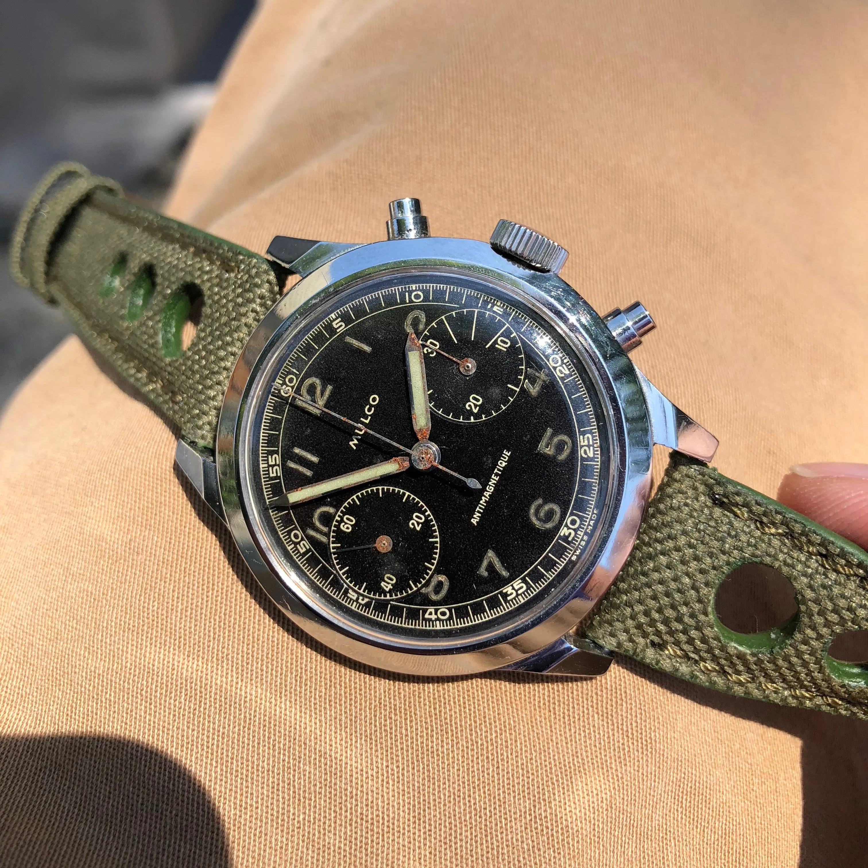 Vintage Mulco Spillman Chronograph Steel Gilt Valjoux 22 Wristwatch