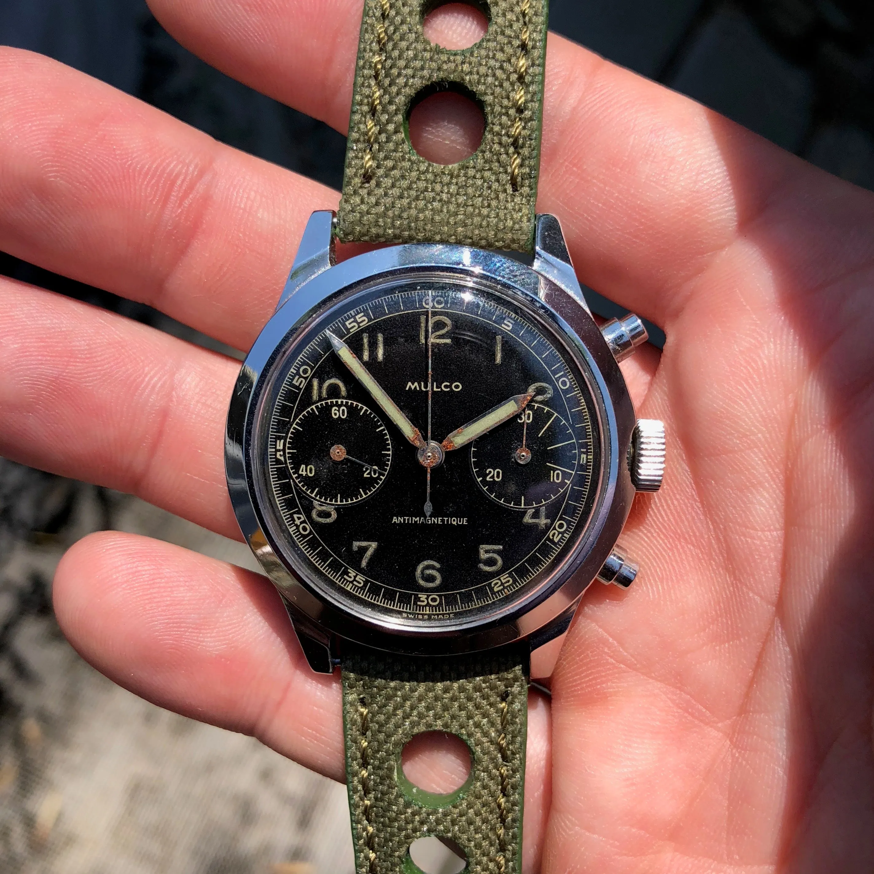 Vintage Mulco Spillman Chronograph Steel Gilt Valjoux 22 Wristwatch