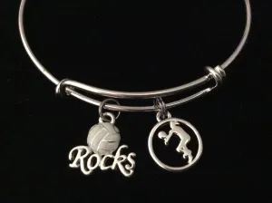 Volleyball Rocks Silver Expandable Charm Bracelet Adjustable Wire Bangle Sports Team Gift