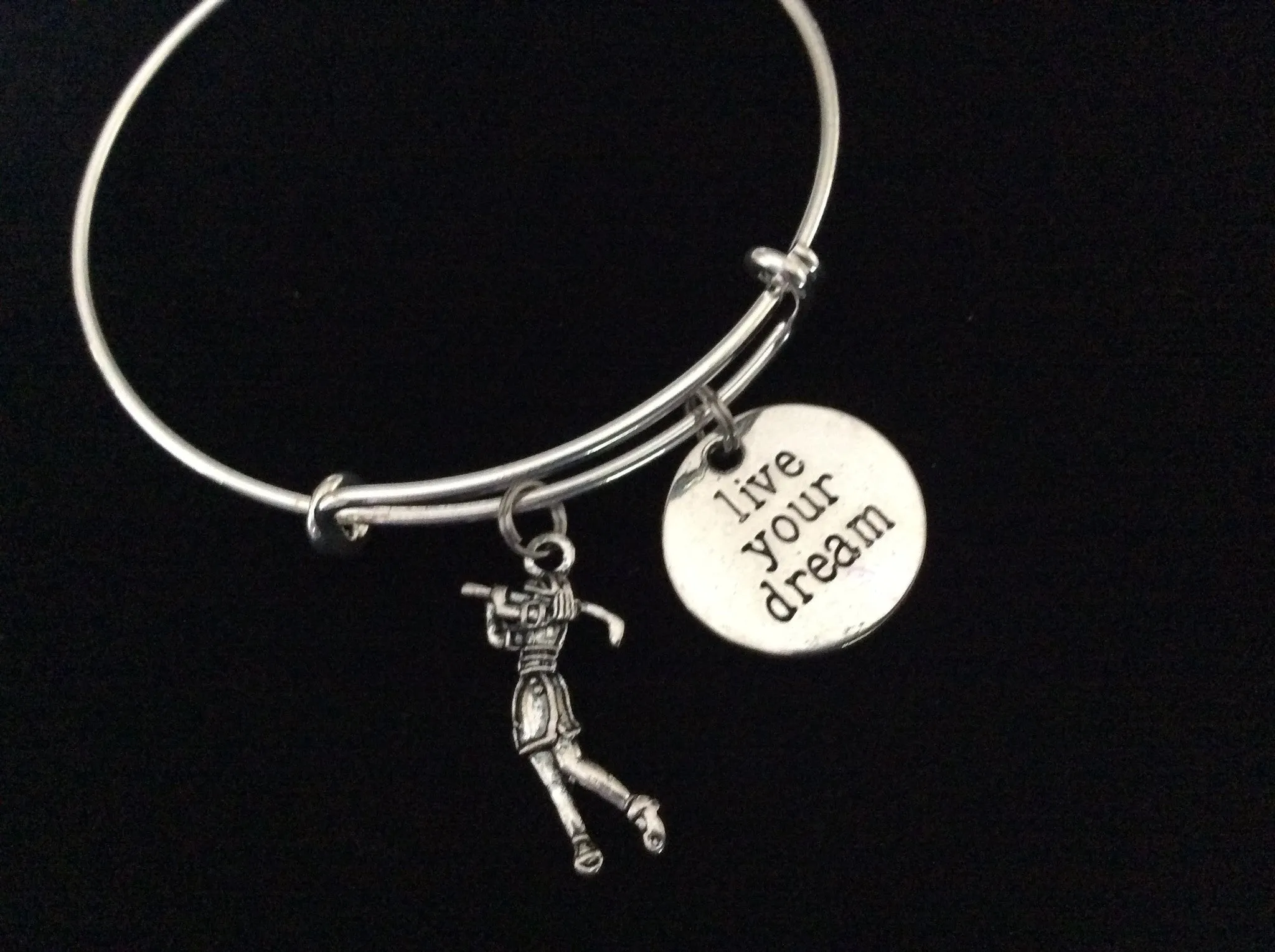 Woman Golfer Live Your Dream Golf Expandable Silver Charm Bracelet Adjustable Wire Bangle