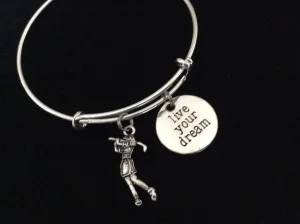 Woman Golfer Live Your Dream Golf Expandable Silver Charm Bracelet Adjustable Wire Bangle