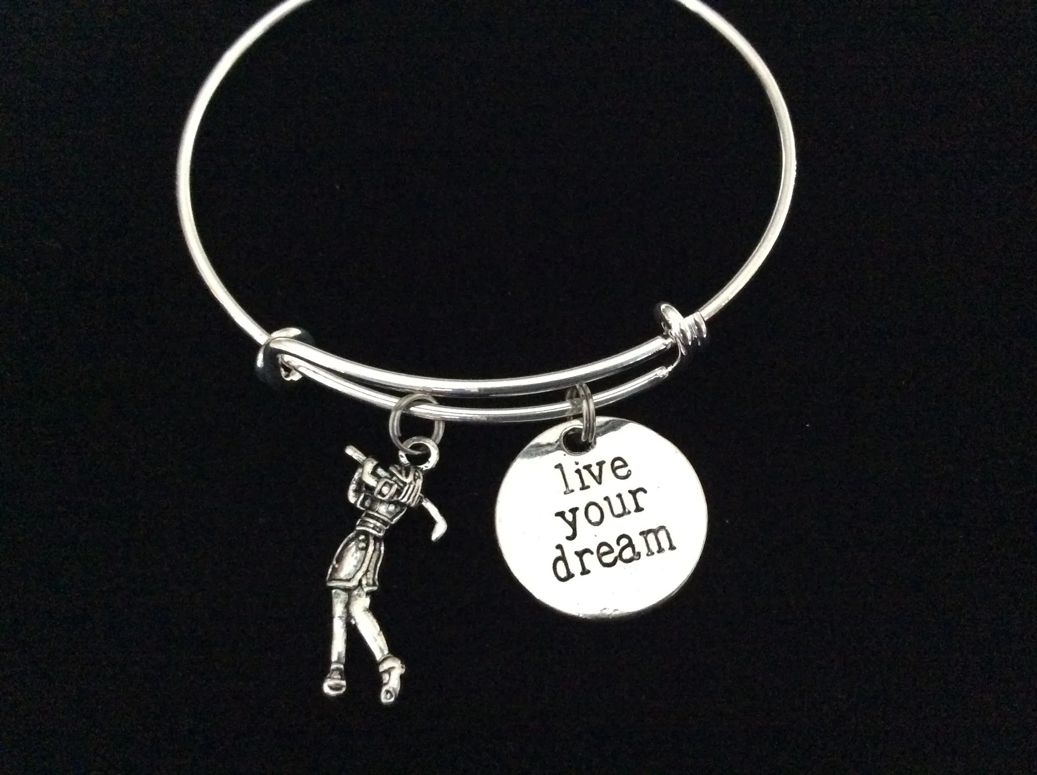 Woman Golfer Live Your Dream Golf Expandable Silver Charm Bracelet Adjustable Wire Bangle